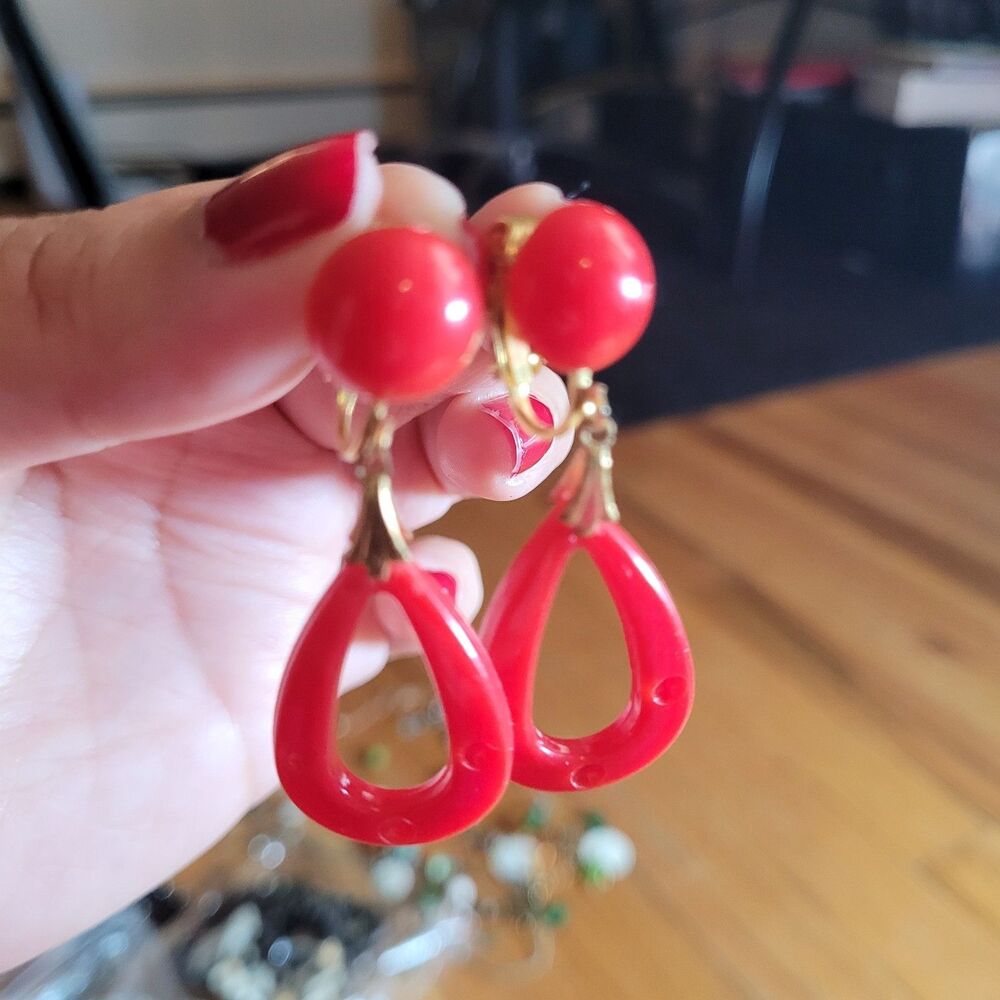 Vintage Clip-On Earrings Red and Gold Tone Dangle Jewelry Costume Jewelry